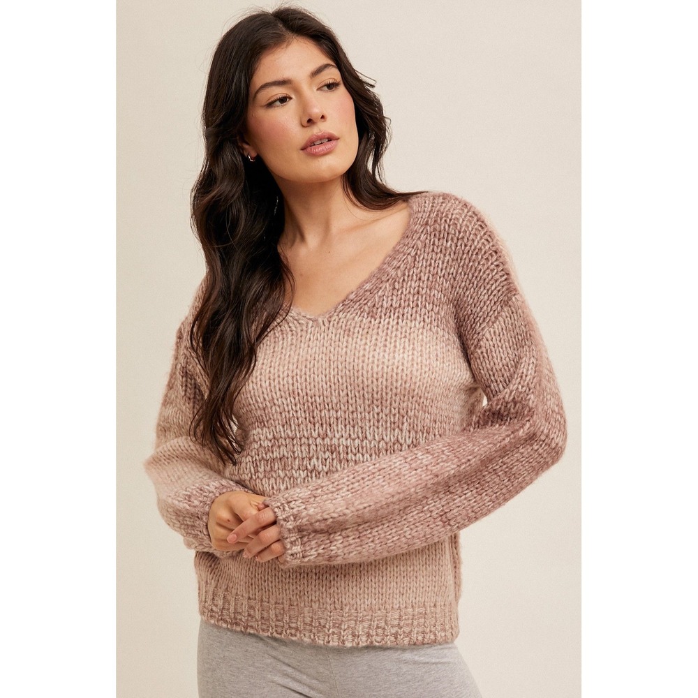 Hem & Thread Mauve Ombre Bubble Sleeve V-Neck Knit Sweater Medium NEW